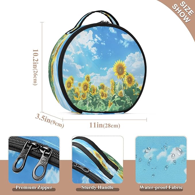 senya Round Cosmetic Pouch Travel Makeup Train Case Sunflower Makeup Organizer Bag with Adjustable Dividers Portable for Cosmetics Makeup Brushes Toiletry Jewelry Accessories