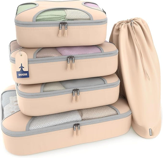 Shacke Packing Cubes for Travel 5 Set - Premium Luggage Organizer Bags - Versatile Travel Organizer for Women and Men - Optimized Packing Bags - Travel Essentials (Nude Beige)