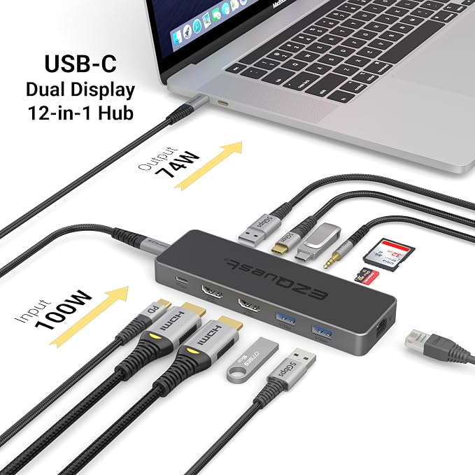 USB-C Hub 12-in-1: Dual 4K 60Hz HDMI, 100W PD, Gigabit Ethernet, 5X USB Ports (2X USB-C, 3X USB-A 5Gbps), SD/MicroSD, Audio Jack - Docking Station for Windows, MacBook Pro/Air, Chromebook