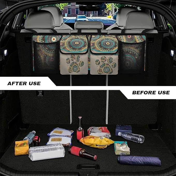 Aztec Tribe Dog Paw Car Trunk Organizer, 4 Compartments, SUV, Sedan, Van, Truck, Earth Tones