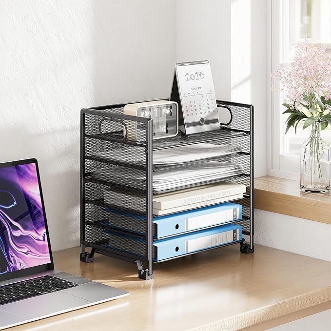 Simple Trending 6-Tier Letter Tray Organizer, Metal Mesh File Holder, Black | 6-Tier Large Capacity Paper Organizer | Metal Mesh | Non-Slip Feet | Tool-Free Assembly | 24H Support | Black for Office