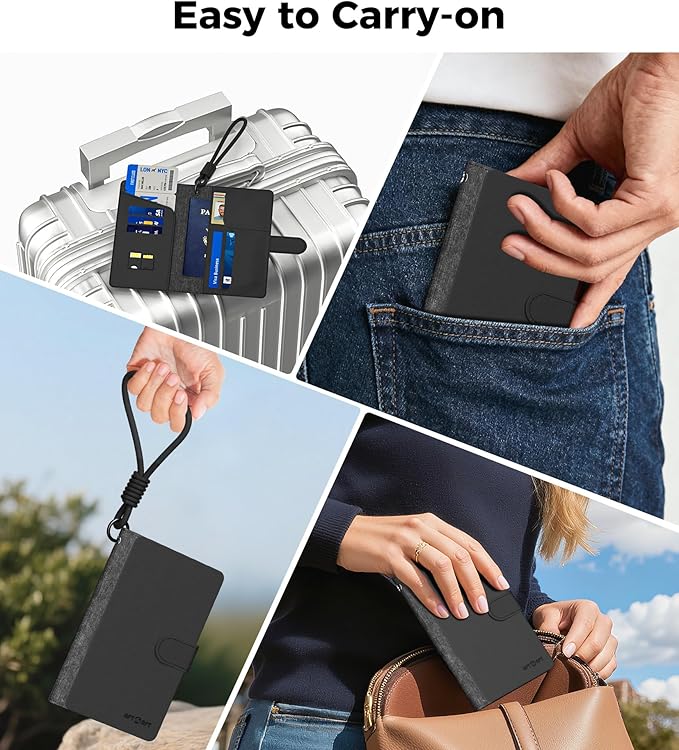 Smart Passport Holder Works with Apple Find My, Leather Travel Wallet with Wrist Strap & 2 SIM Card Slots, RFID Blocking Organizer for Passport/Cards/Tickets, Wireless Charging, Black