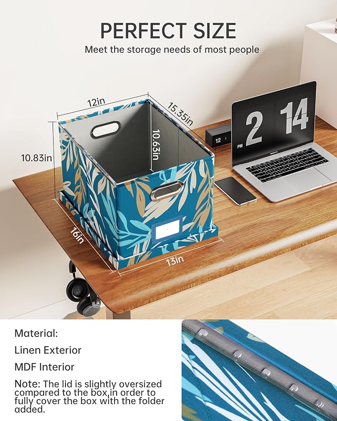 Oterri File Organizer with Lid, File Box, File Cabinet for Letter File Folder Storage, Hanging File Organizer for Office/Decor/Home,Document Organizer, 1 Pack,Leaf Blue-Box Only