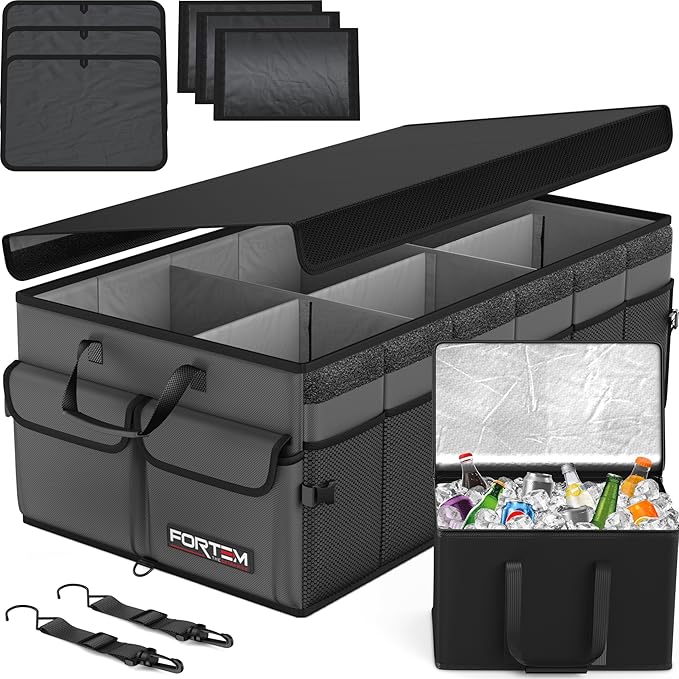 FORTEM Trunk Organizer with Cooler For SUV Car Trunk, Foldable Storage, Car Accessories for Women Men, Collapsible Bag, Perfect Christmas Gifts, 600D Oxford, Non Slip Bottom, Straps, Soft Cover (105L)