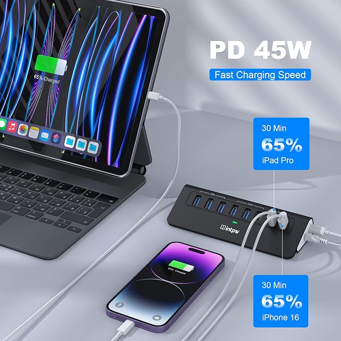 Powered USB Hub 10Gbps, Intpw YH6AC Plus 10 Port USB 3.2 Hub(USB A/USB C 3.2+3 USB-A 3.0+2 PD 45W Fast Charging Port+SD/TF Card Reader), 65W Power Adapter,Aluminum USB HUB for PC,Laptop,iPhone 17/16