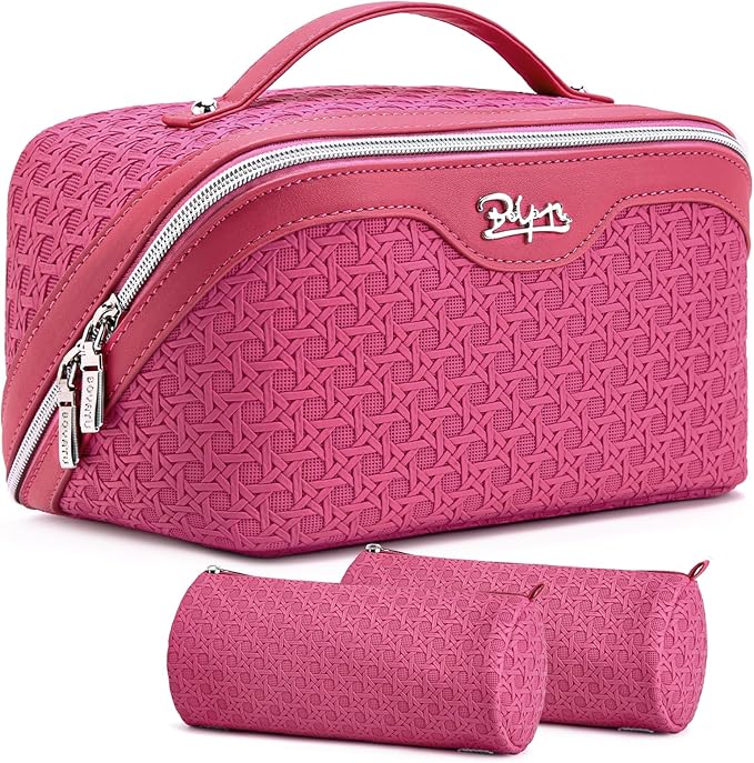 BOYATU Travel Makeup Bag Cosmetic Bags for Women: Large Capacity 3 Pcs Set Make up Bag with Compartments - Waterproof Vegan Leather Toiletry Organizer Bags with Handle (M-73Rose)