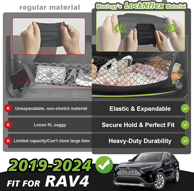 Muslogy Truck Bed Cargo Net Trunk Netting Compatible with Toyota RAV4 2019-2024 2025 Accessories, Pickup Cargo Organizer SUV Sedan Storage Net w/Heavy Duty Carabiners