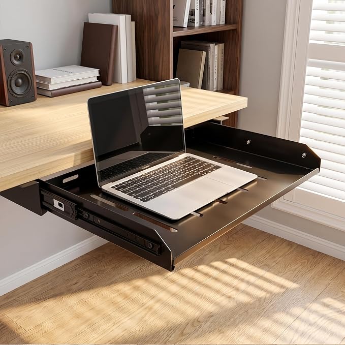 Under Desk Laptop Drawer with Air Vents, 16.3" x 12" Metal Pull Out Sliding Track, Under-Desktop Storage for Laptop & Accessories