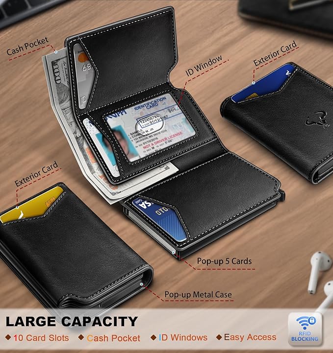 BULLIANT Men Wallet Leather Wallet Card Holders Money Clip for Men 10Cards-Magnetic Flip on Metal Case