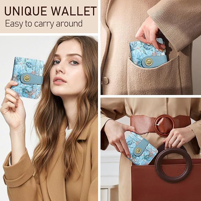 Kelvoris Sea Turtle Small Rfid Women Wallet Bifold Zipper Coin Pocket PU Leather Compact Cash Credit Card Holder Travel Wallet for Female Ladies Teen Girls 1 ID Window 10 Card Slots