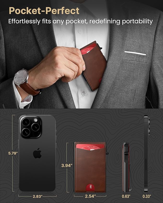 typecase Flip Pop Up Wallet for Men Card Holder: Smart Privacy & lD Display Mode, RFID Blocking, Slim Genuine Leather, Minimalist Front Pocket - 8 Cards Capacity | ID Window | Money Clip (Brown)