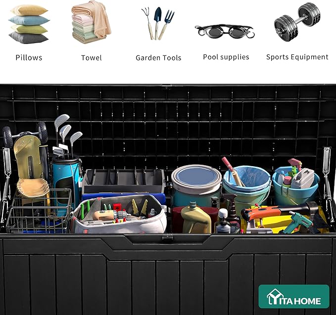 YITAHOME 80 Gallon Outdoor Storage Box, Large Water Resistant Resin Deck Box, Indoor Outdoor Lockable Storage Container for Patio, Garden, Cushions, Tools, Equipment (Black)