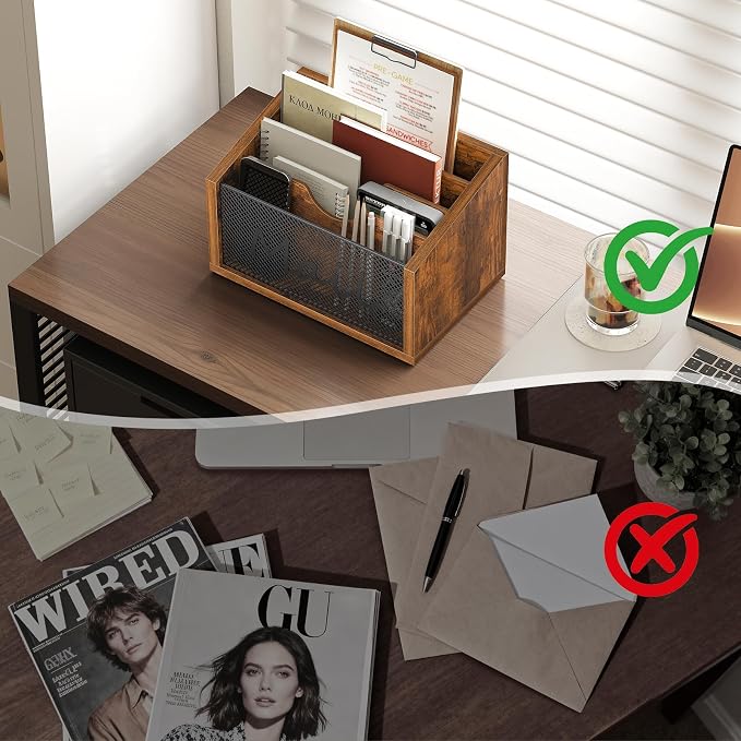 YATINEY Mail Organizer Countertop, Mail Holder with 4 Slots, Mail Sorter for Desk, Wooden Office Desk Organizer, Mail Organizer for Magazines, Files, Papers, Folders, Rustic Brown and Black MR04BR