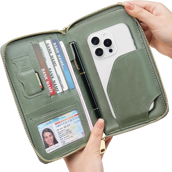 GOIACII Passport Wallet Travel Crossbody Bags for Women Wristlet Phone Purse Double Zip Vegan Leather Green