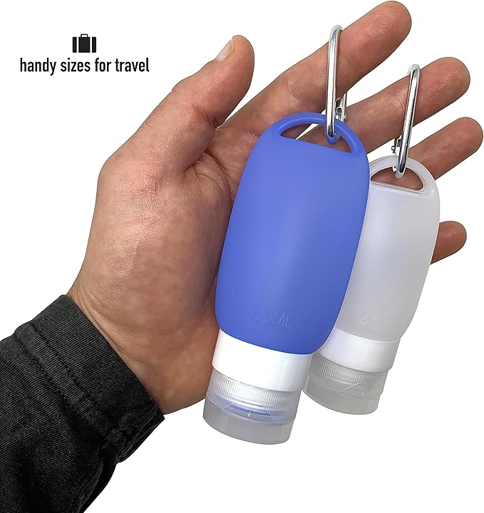Cruise On Silicone Travel Bottle Set, TSA Approved, Leak-Proof Squeeze Bottles for Shampoo, Lotion & Liquids (2 oz & 1.4 oz), Refillable Containers with Carabiner Clips for Easy Carry