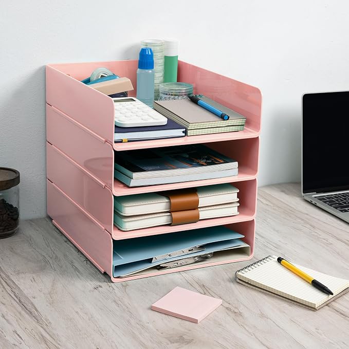 Tiawudi Desk Organizer, Office Organization and Storage, Plastic Letter Tray, Stackable File Organizer for Classroom, Home, Documents, Notes, Folders, Books and Pens, 4 Tier