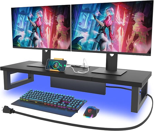 WESTREE Dual Monitor Stand Riser with Power Outlet, Computer Monitor Stand Riser for 1~2 Monitors, Multi-Purpose Desktop Organizer Riser for Computer,Laptop,Printer,TV