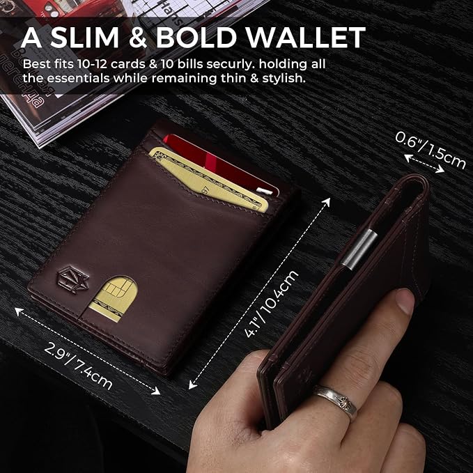 Zitahli Genuine Leather Wallet for Men 12 Card Slim Mens Wallets Bifold RFID Blocking with Money Clip & ID Window Thin Minimalist Card Holder Wallet with Gift Box