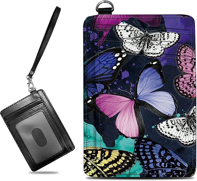 Small Travel Wallets, Color Butterfly Slim Minimalist Front Pocket Wallet with Wristlet, RFID Blocking PU Leather Credit Card Holder with ID Window Change Purse for Men Women