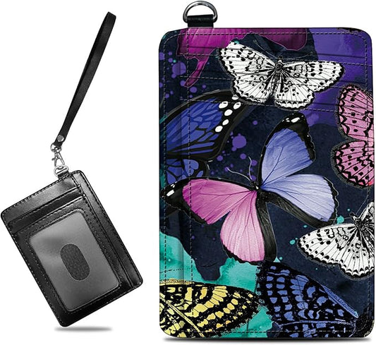 Small Travel Wallets, Color Butterfly Slim Minimalist Front Pocket Wallet with Wristlet, RFID Blocking PU Leather Credit Card Holder with ID Window Change Purse for Men Women