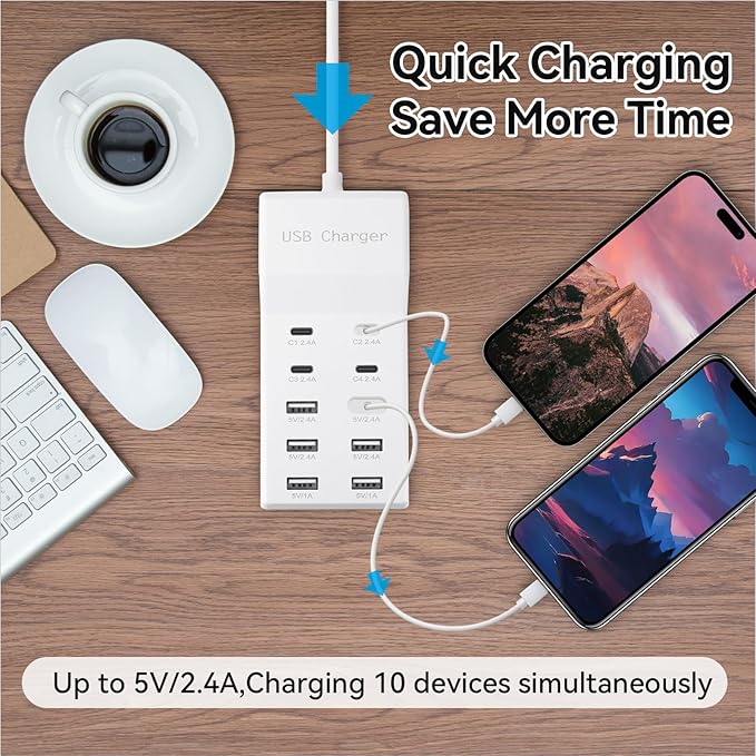 USB Charging Station with 6 USB-A & 4 USB-C Ports, 50W 10A USB Charger Block for Multiple Devices -USB Power Strip with Auto-Detect Technology (2 PCS)