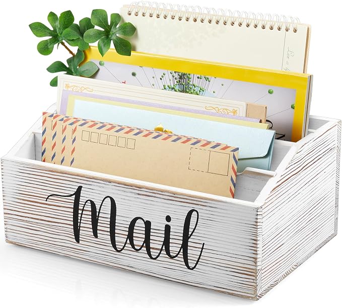 DRASTAR Mail Organizer Countertop, Mail Holder with 4 Slots, Mail Sorter Organizer for Desk, Envelope Holder for Home Office, Retro White