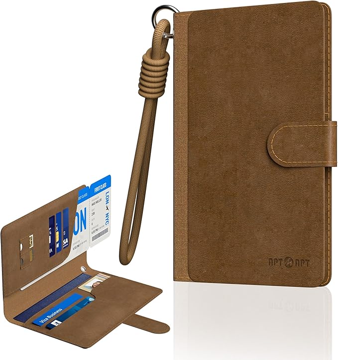 Smart Passport Holder Works with Apple Find My, Leather Travel Wallet with Wrist Strap & 2 SIM Card Slots, RFID Blocking Organizer for Passport/Cards/Tickets, Wireless Charging, Brown