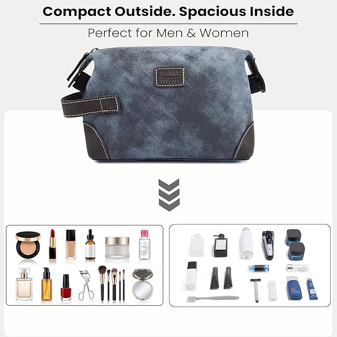 LEATHER VILLAGE Genuine Leather Dopp Kit for Men & Women – Travel Vintage Toiletry Bag with Waterproof Lining, Shaving & Bathroom Essentials Organizer - Distressed Blue