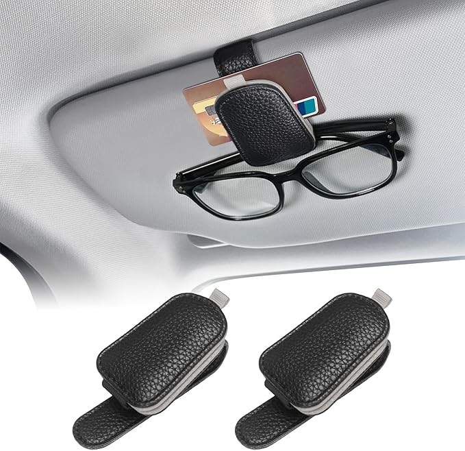 Sunglasses Holders for Car Visor, Sunglass Car Organizer, Leather Magnetic Buckle Sun Visor Sunglass Clip, Car Accessories Ticket Card Clip Sunglasses Mount Fit Truck (Black/Gray, 2PCS)