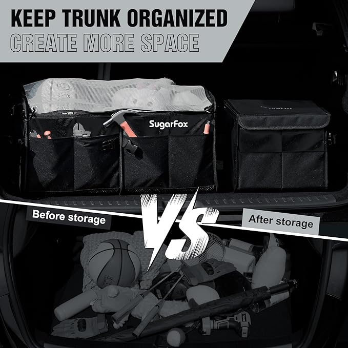 SugarFox Car Trunk Organizer for SUV - 63L+26L Modular Storage, Heavy-Duty, Foldable Waterproof, Soft & Hard Covers, Non-Slip, Multi-Compartment, All Black M006