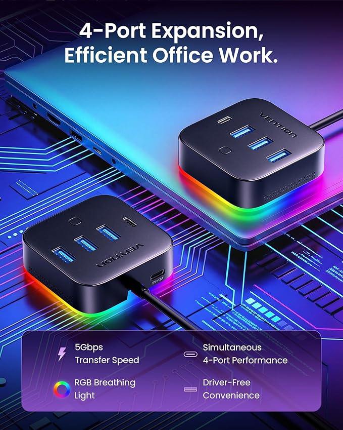 VENTION 5 Port USB Hub with RGB Light,5Gbps USB A Splitter with USB 3.2 Gen 1×Type-C,USB A 3.0×3 Data Ports and 1×5V/2A Power Port for Laptop/MacBook/Keyboard,0.5M