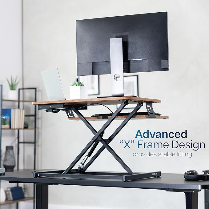 VIVO Height Adjustable 32 inch Stand Up Desk Converter, Quick Sit to Stand Tabletop Dual Monitor Riser Workstation, Rustic Vintage Brown Desktop, Black Frame, DESK-V000SN