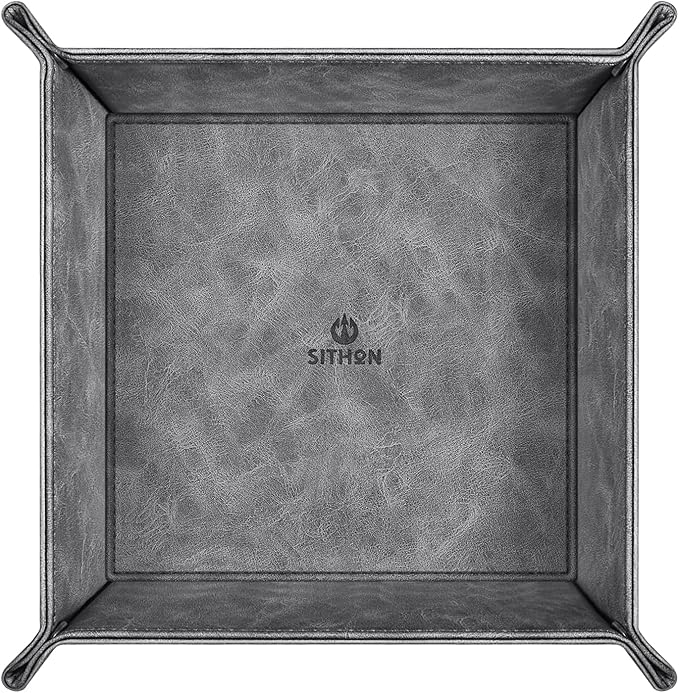 SITHON Valet Tray Desktop Storage Organizer – Premium PU Leather Catchall Bedside Vanity Tray Nightstand Caddy Holder for Remote Controller, Keys, Phone, Wallet, Coin, Jewelry (Gray)