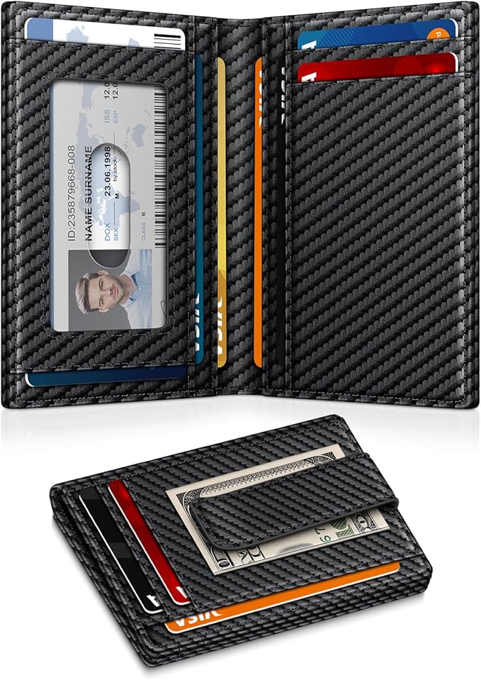 Wallet for Men 14-16 Cards, Men's Leather Wallet, Minimalist Thin Card Holder RFID Blocking Money Clip with Simplified Bill Folder & Magnetic Closure, Gifts for Men, Carbon Fiber