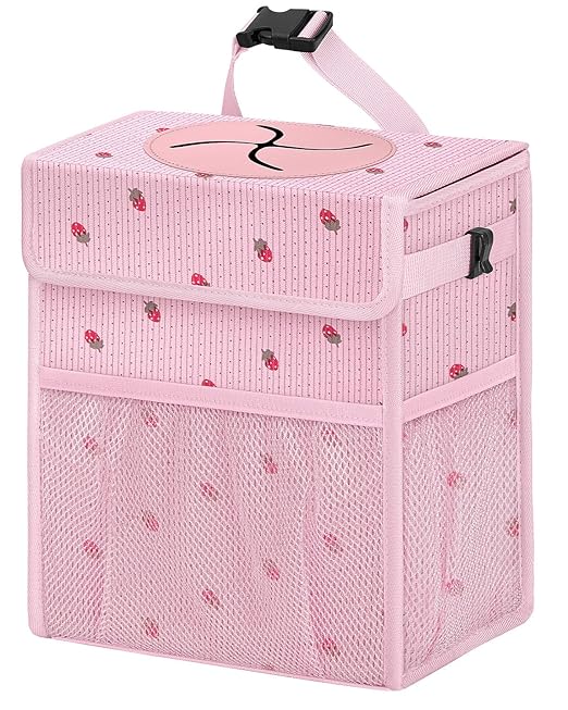 Corduroy Car Trash Can with Lid and Mesh Pockets - Leakproof Organizer,Multipurpose Waterproof Garbage Can/Trash Bin for Car(Pink Base with Red Strawberry Print -2 Gallons)