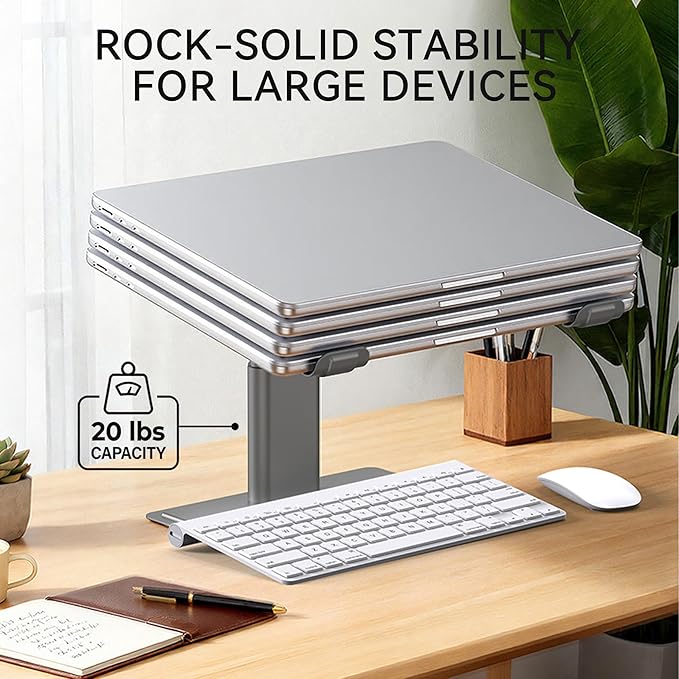 SOUNDANCE Adjustable Laptop Stand, Ergonomic Aluminum Riser for 10-17.3” Notebooks, Ventilated Metal Holder with Height Alignment for Desk Workspace, Grey