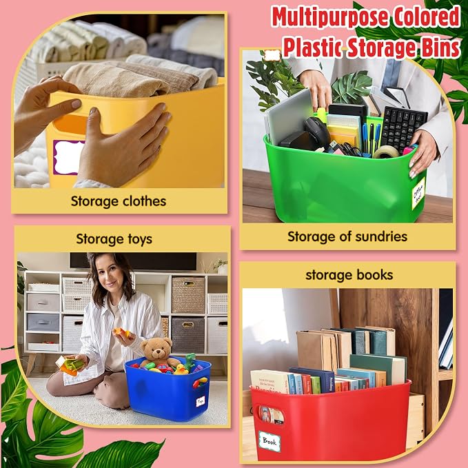 Thyle 24 Pack Colorful Plastic Storage Bins with Lids 7 Quart Vibrant Colored Toy Storage Box Stackable Nestable Organizer Box with Handle and Label for Classroom Shelf Bedroom Desktop School Supplies