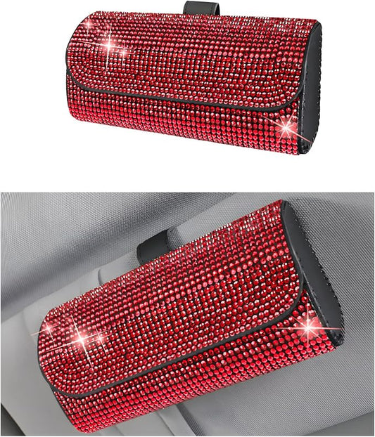 Ohleats Bling Sunglasses Holder for Sun Visor, Sparkling Glasses Sun Visor Organizer Case with Hidden Magnetic Closure, Auto Visor Crystal Eyeglasses Storage Case, Car Accessories (Bling Red)