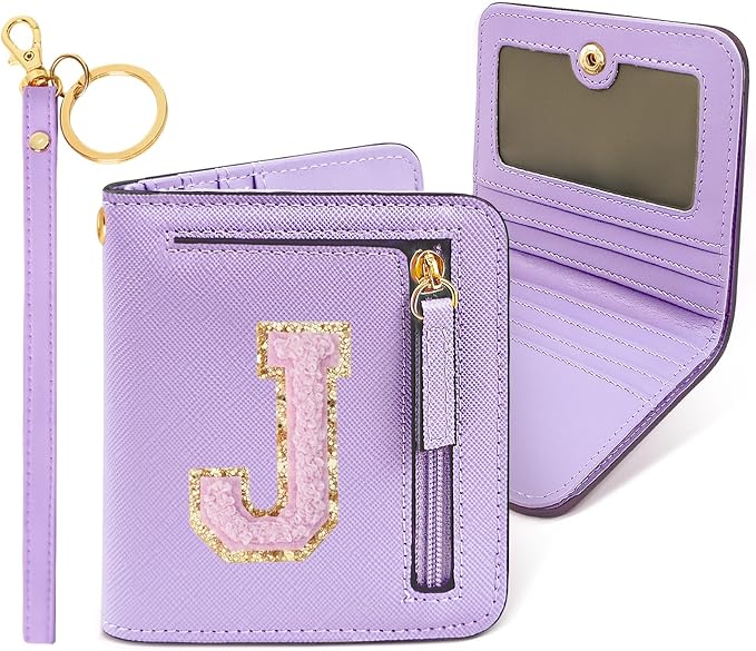 COSHAYSOO Small RFID Wallet Bifold First Communion Baptism Gifts for Tween Dance Team Girls Preteens Christmas Valentines Easter Nurse Graduation Gift Ideas Chenille Letter J Purple