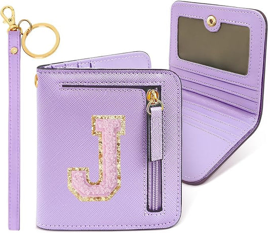 COSHAYSOO Small RFID Wallet Bifold First Communion Baptism Gifts for Tween Dance Team Girls Preteens Christmas Valentines Easter Nurse Graduation Gift Ideas Chenille Letter J Purple