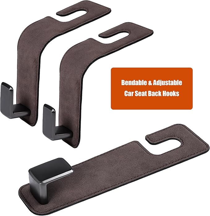 Car Seat Back Hook Metal with Suede Universal Vehicle Headrest Hangers Interior Storage Organizer for Purse Handbag Coat Grocery Bags 2 Pack Coffee