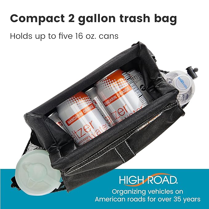 High Road Car Organizer with Car Trash Bag and Tissue Holder - Holds Full Size Tissue Box, Bottles and Wipe Containers - 2 Gal Leakproof Covered Car Trash Can with Push-Close Lid