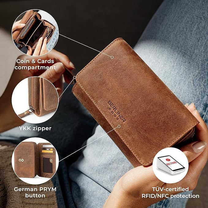 BERLINER BAGS Vintage Genuine Leather Wallet Vienna, RFID Blocking Credit Card Holder, Trifold Clutch Purses, Zip Around Womens Wallet for 19 cards, ID window, Bills, Coins - Brown