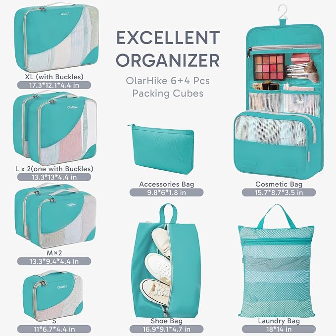 OlarHike 10 Set Packing Cubes for Travel, Gifts for Women Mom,Anti-Tearing Suitcase Organizer with Over-1000 pack Mesh Holes, Vacation Essentials & Accessories for Cruise Ship