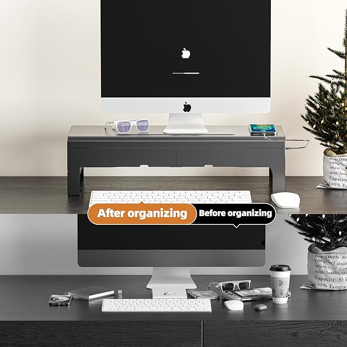 Computer monitor stand with 2 drawer ，Laptop Desk Shelf & Monitor Riser ,22W charging , 2 USB 3.0 , and 1 USB 2.0，21.6 inches long desk riser Monitors/PC/Laptop/Computer Space Saver Organizer ，Heavy Duty Gift Gaming Studio Office (USB Hub Fast Charging...