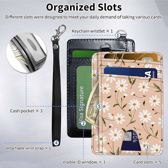 Slim Minimalist Front Pocket Wallet,Credit Card Holder Wallet for Women Men,RFID Blocking Credit Card Holder Case Leather Cute Small Thin Wallet ID Window&Wrist Strap,White Daisy Flower