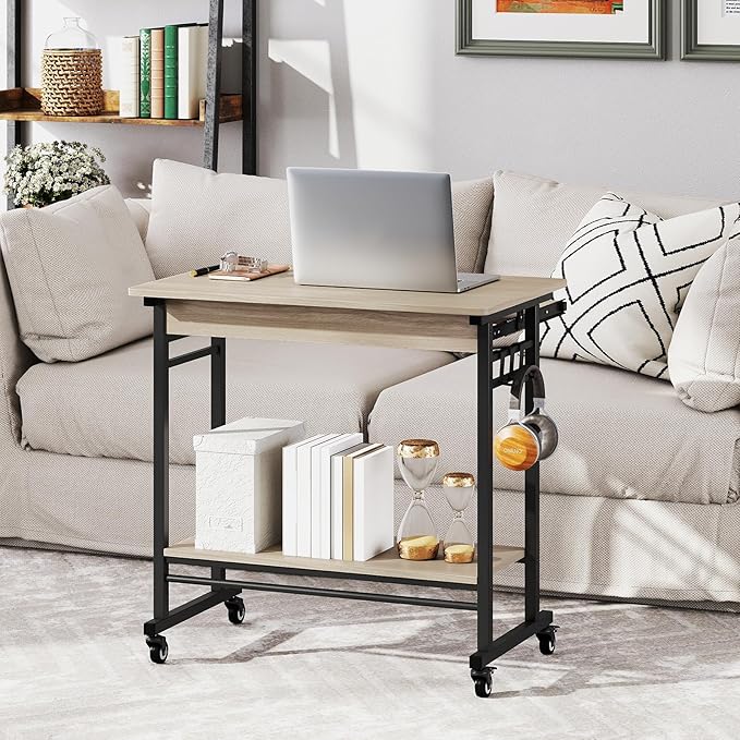 Tangkula Rolling Computer Desk Cart with Keyboard Tray, Mobile Portable Laptop PC Desk with CPU Stand & 3 Hooks for Sofa & Bed, Compact Small Desk on Wheels for Small Spaces (Grey)