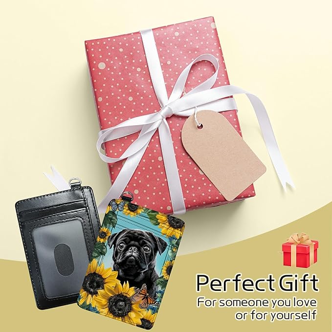 Small Travel Wallets, Sunflower Pug Slim Minimalist Front Pocket Wallet with Wristlet, RFID Blocking PU Leather Credit Card Holder with ID Window Change Purse for Men Women