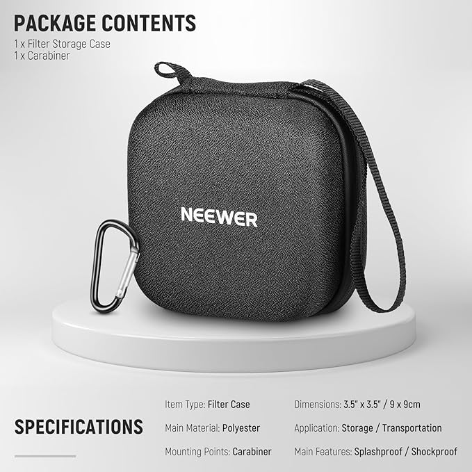 Neewer Storage Bag for 9 x 9 cm Filter, Shockproof Dustproof Waterproof Carrying Bag with Expandable Dividers, Wrist Strap and Carabiner for 3 Circular Filters 62 mm, PB11