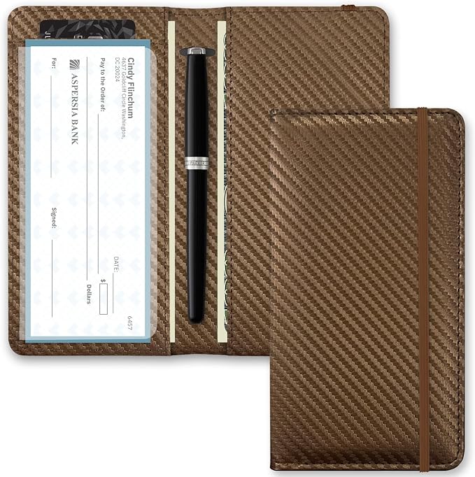 Checkbook Cover for Men Women, Premium Leather Checkbook Holder with RFID Blocking and Built in Clear Plastic Divider for Personal and Business Checks (Brown Carbon)
